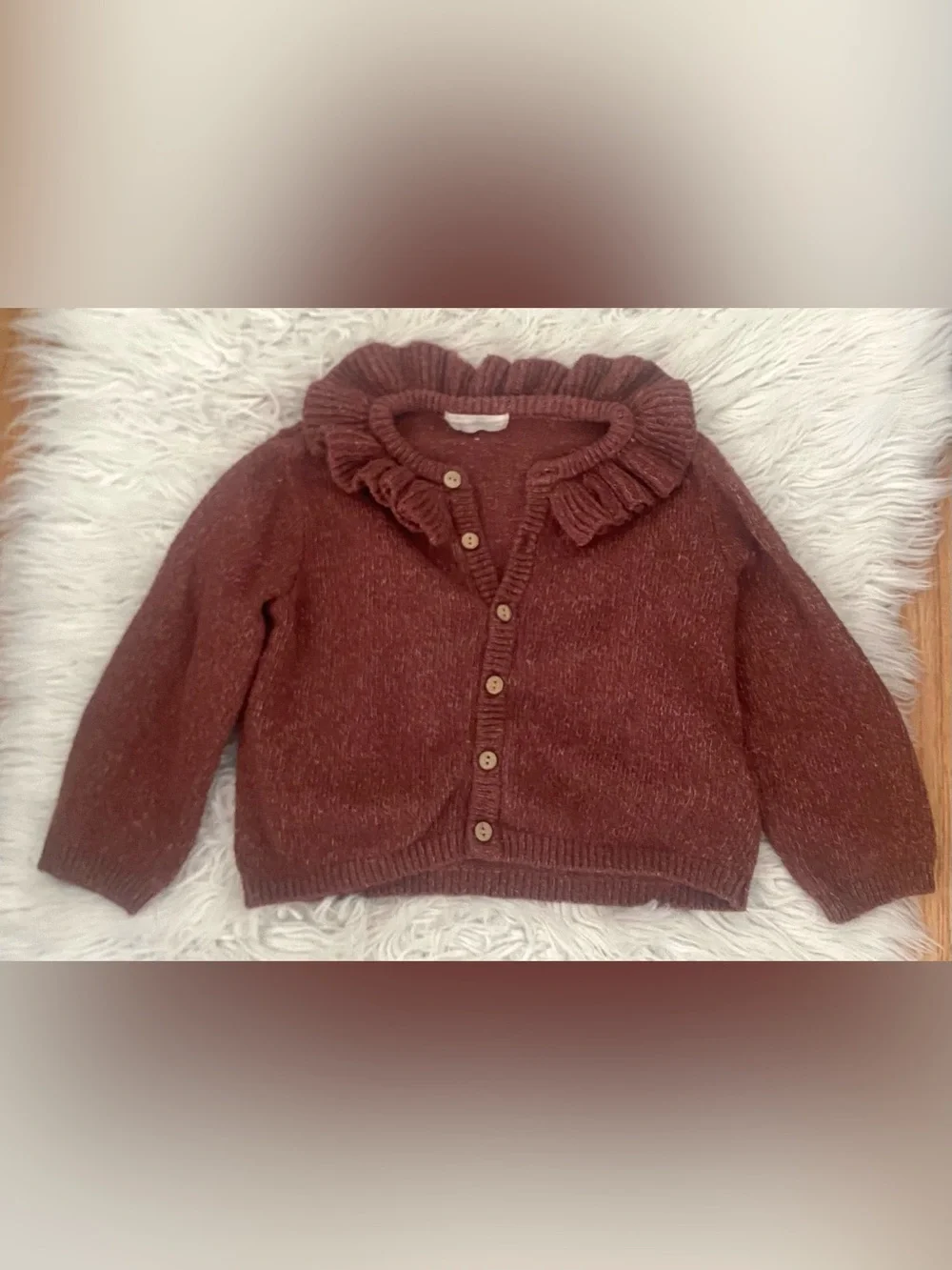 Quincy Mae Ruffle Collar Cardigan Organic Cotton Linen Brown Size 2-3 Years
